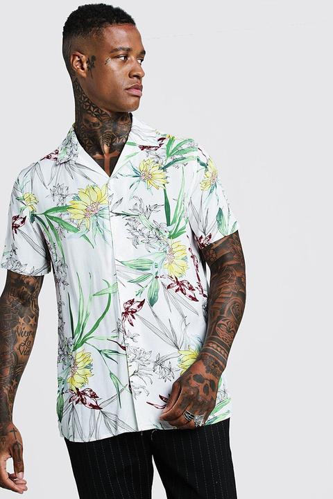 Mens White Floral Print Short Sleeve Revere Shirt, White