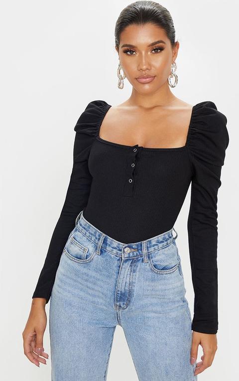 Black Rib Puff Long Sleeve Bodysuit