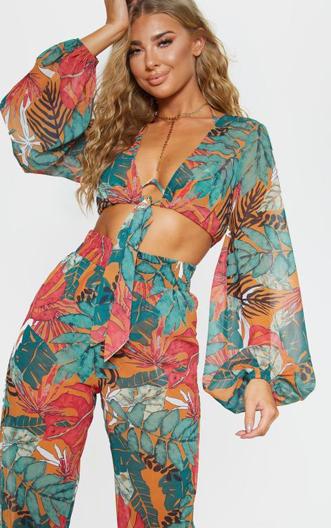 Orange Big Leaf Tie Front Beach Top