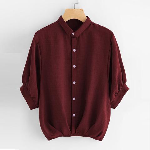 Blusa Sólida Con Cuello De Manga Farol-grande
