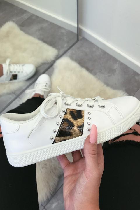 Ariel White Leopard Panel Print Trainers