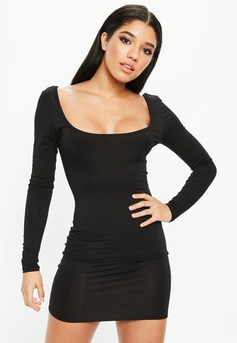 Black Scoop Front Bodycon Dress, Black