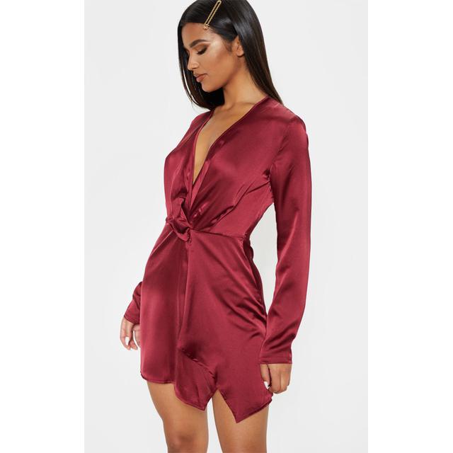 red satin long sleeve wrap dress