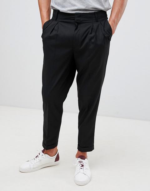 Asos Design Tapered Crop Smart Trousers In Black With Pleats