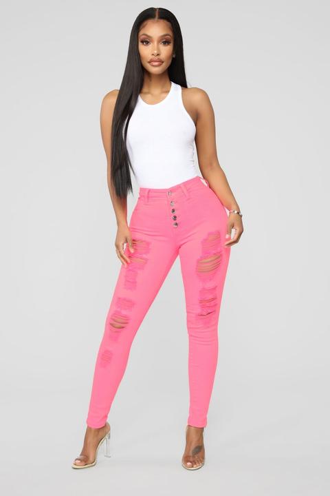 neon pink distressed jeans