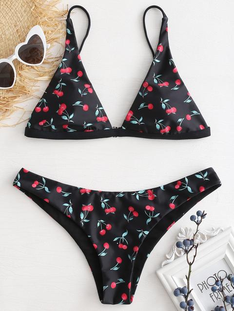 Bikini A Vita Bassa Con Stampa Ciliegia Black