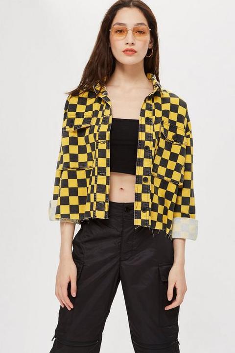 Womens Checkerboard Shacket - Yellow, Yellow