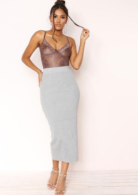 Coco Grey Ribbed Knit Midi Skirt