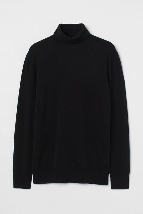 Merino Wool Polo-neck Jumper - Black