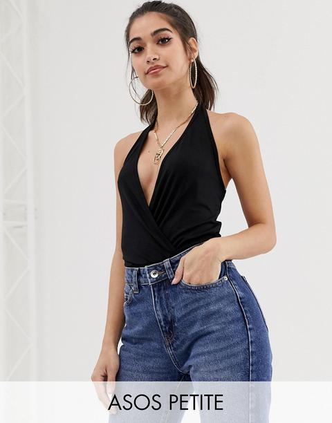 Asos Design Petite - Body Nero Allacciato Al Collo - Nero