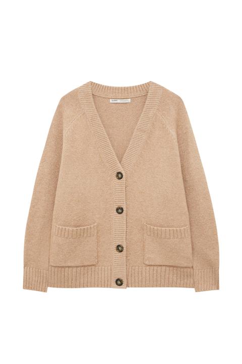 Pull&bear Femme Veste Oversize En Maille Douce, Avec Poches Sur Le Devant Et Fermeture Boutonnée Contrastante. Disponible En Plusieurs Couleurs. Camel S