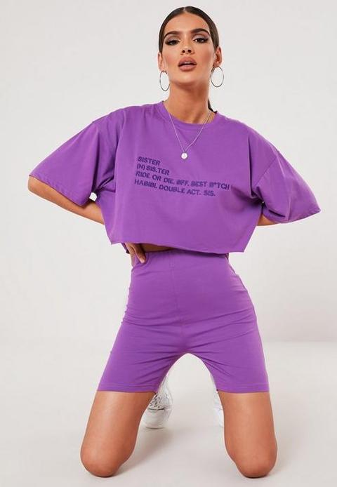 Sxf X Missguided Purple Embroidered Slogan Cropped T Shirt, Purple