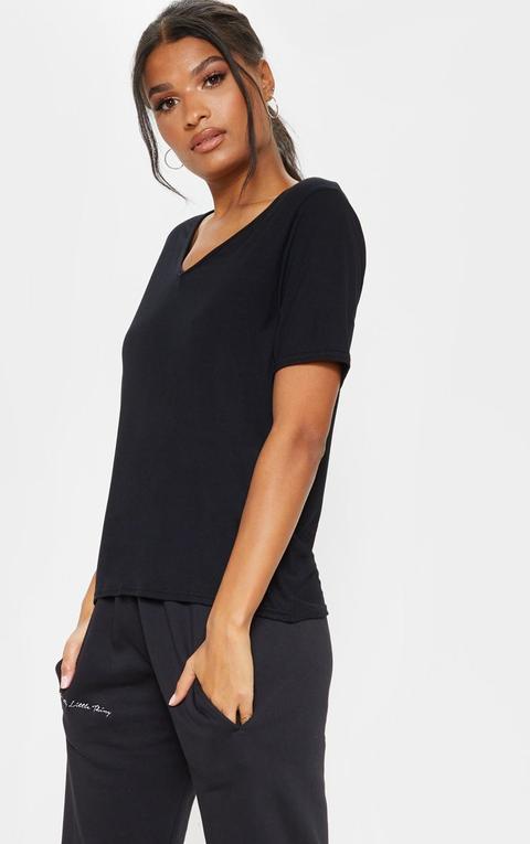 Basic Black V Neck T Shirt, Black