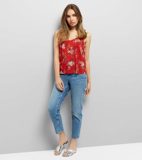 Red Floral Print Pleated Cami Top
