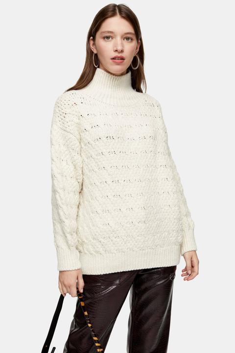 Womens Ivory Textured Funnel Neck Jumper - Ivory, Ivory