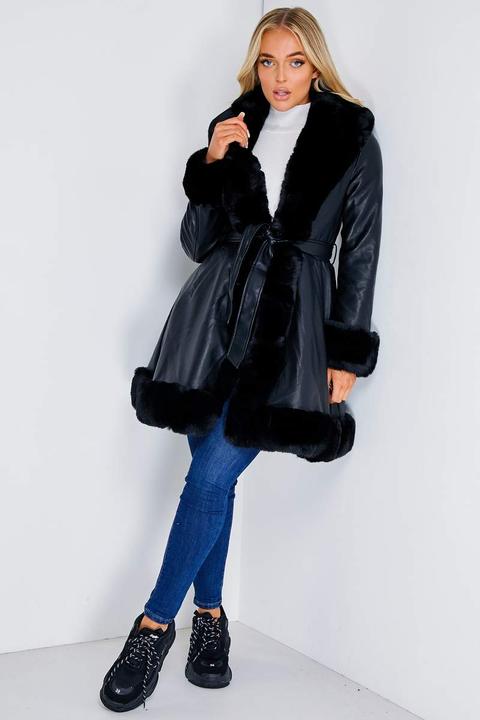Fran Black Pu Faux Leather Faux Fur Trim Longline Belted Coat