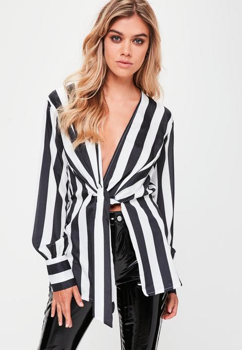 White Striped Sheer Wrap Front Blouse, White