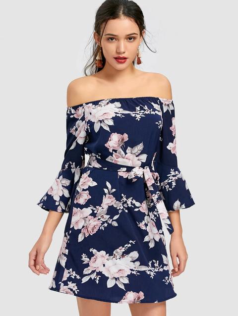 Vestito Mini Cinturato Con Stampa A Fiori E Spalle Scoperte