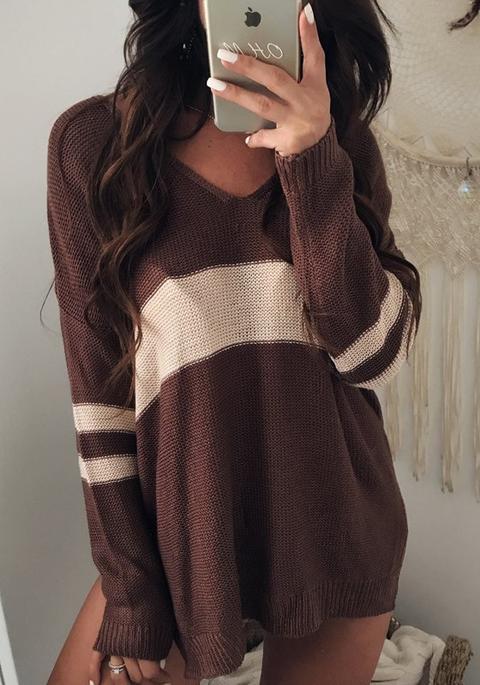 Pullover Stampare V-collo Manica Lunga Casuale Marrone