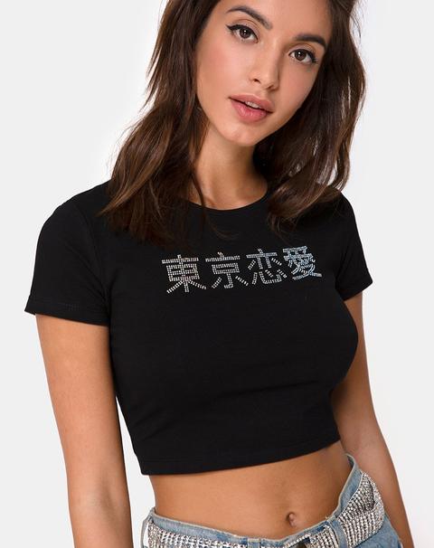 Tiney Crop Top Tee In Black With Diamante Hotfix