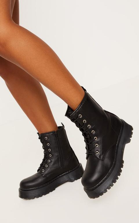Black Chunky Sole Lace Up Ankle Boot 