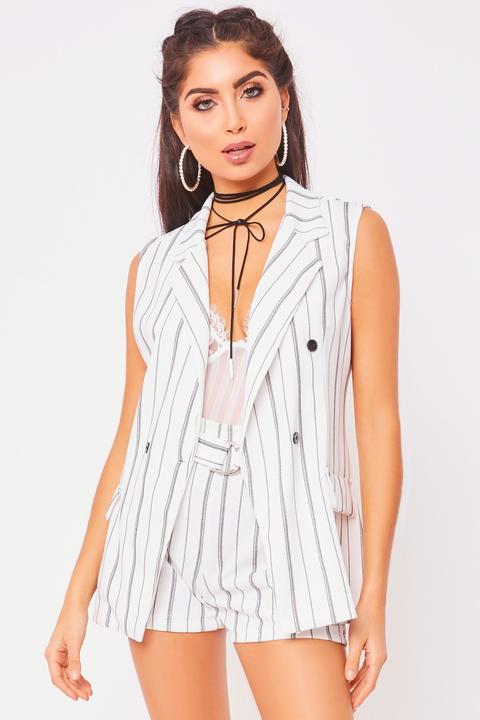 Mia White Striped Sleeveless Blazer