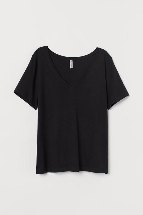 Camiseta Con Escote De Pico - Negro