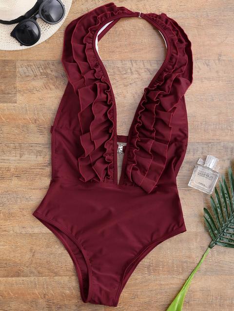 Ruffle Halter Plunge Collo One Piece Costumi Da Bagno