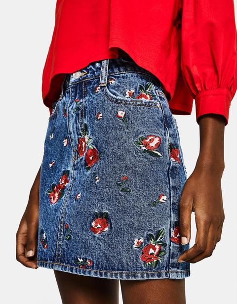 Falda Denim Con Bordado De Flores