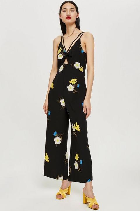 Womens Petite Yellow Floral Print Jumpsuit - Black, Black