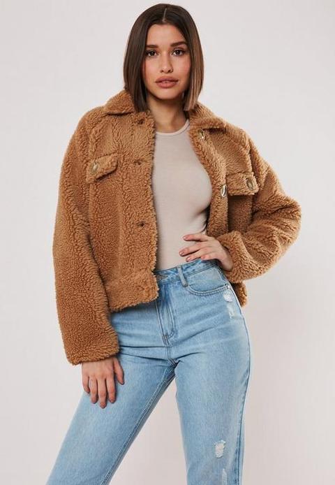 Tan Cropped Borg Teddy Trucker Jacket, Tan from Missguided on 21 Buttons