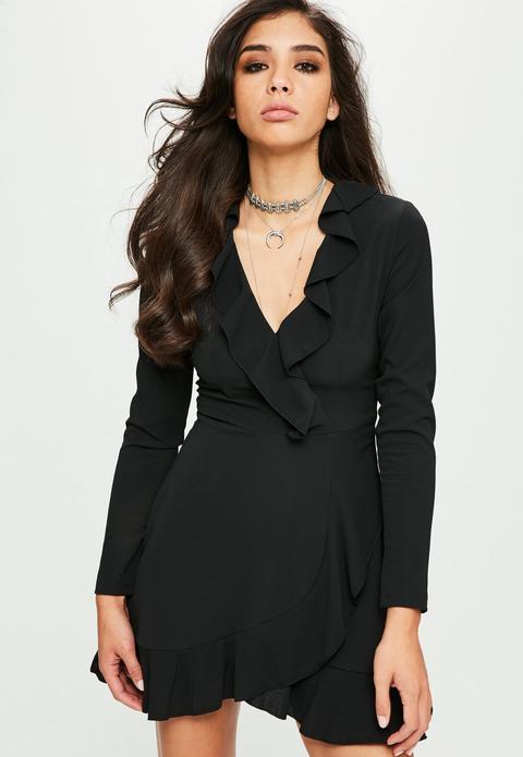 Black Long Sleeve Ruffle Tea Dress, Black