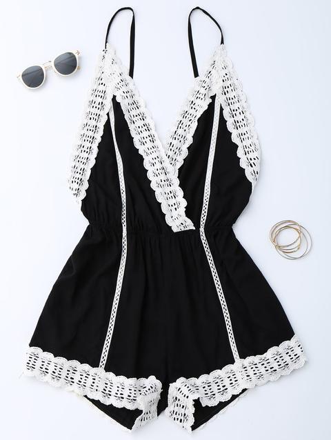 Plunge Lace Trim Open Back Romper