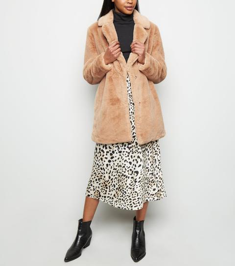 Camel Faux Fur Longline Coat New Look
