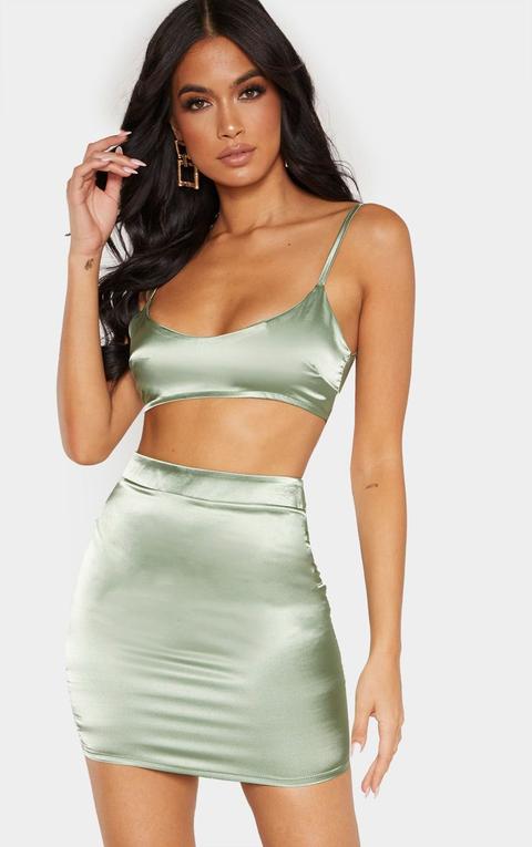 Sage Green Satin Scoop Neck Cropped Top