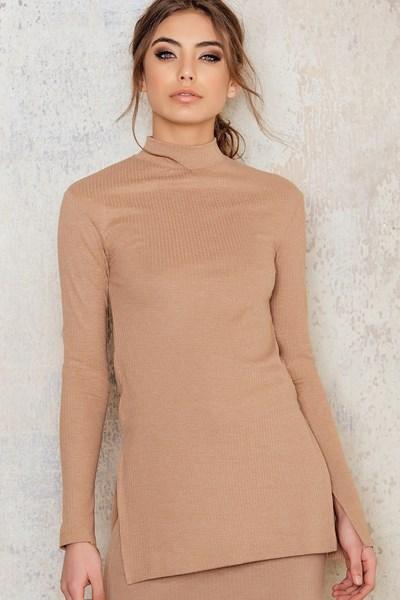 Na-kd Split Hem Polo Sweater - Beige