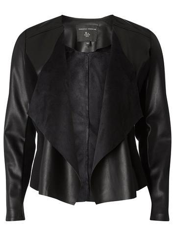 Womens Black Faux Leather Waterfall Jacket- Black, Black