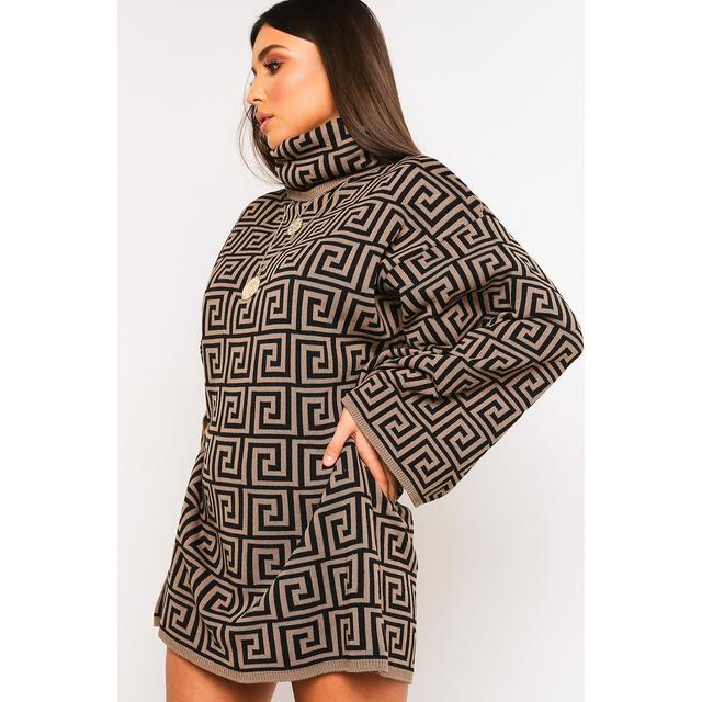 Brown Printed Aztec Funnel Neck Jumper 