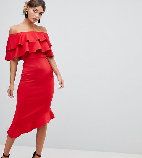 Vestido Midi Bardot Con Volante En La Parte Delantera De Silver Bloom