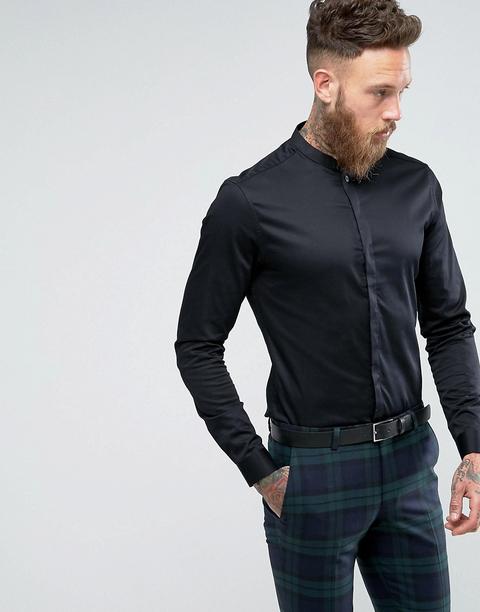 Asos - Camicia Skinny Con Collo Alla Coreana Nera - Nero