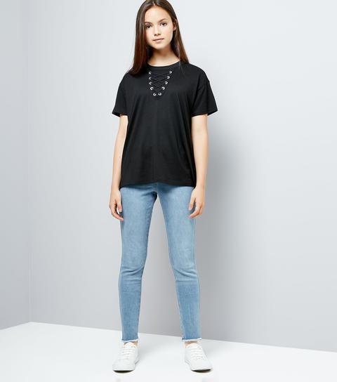 Teens Black Lace Up Front Oversized T-shirt