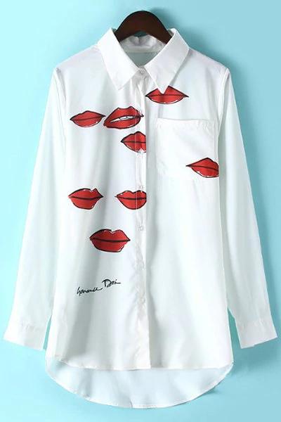 Red Lips Stampa Camicia Collare Camicia A Maniche Lunghe