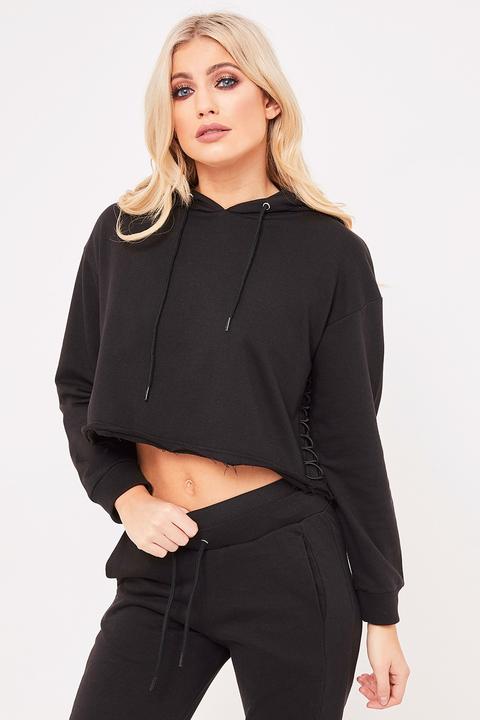 Natasha Black Side Lace Hooded Cropped Jumper