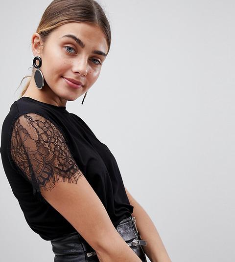 Prettylittlething Basic Lace Sleeve T-shirt In Black