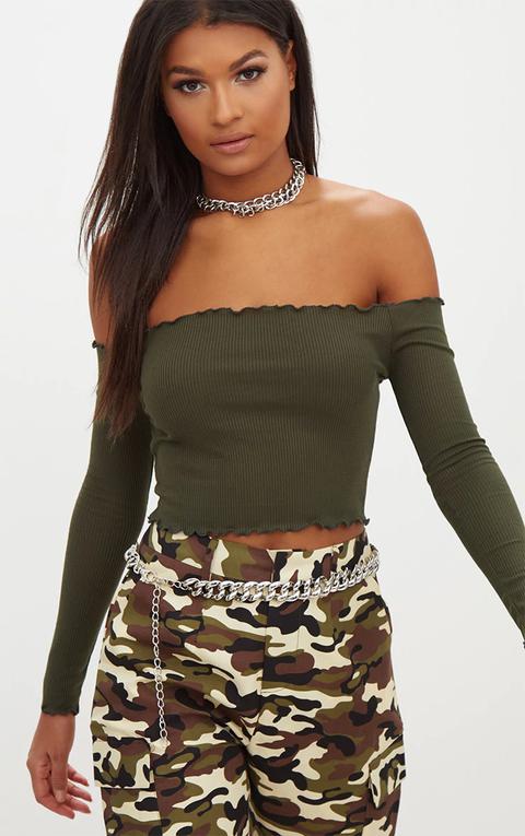 Khaki Rib Frill Edge Crop Top, Green