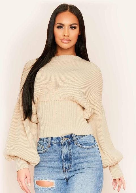 Trina Beige Cinched Waist Balloon Sleeve Knitted Jumper