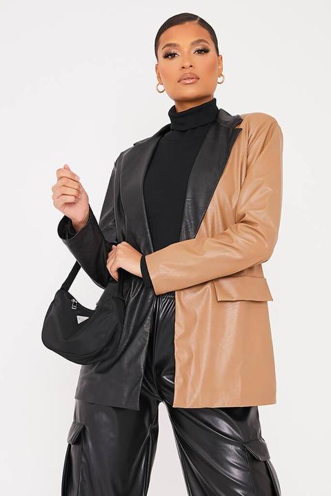 Mocha & Black Faux Leather Colour Block Blazer