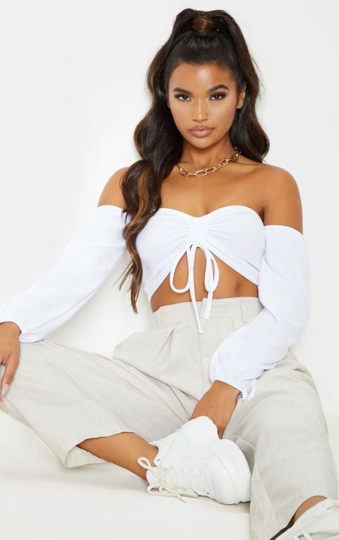 White Ruched Detail Bardot Long Sleeve Crop Top