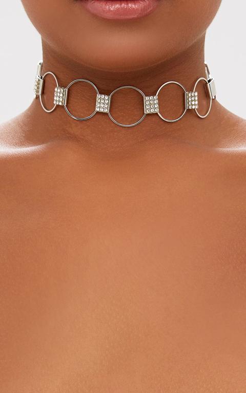 Silver Ring Detail Diamante Choker, Grey