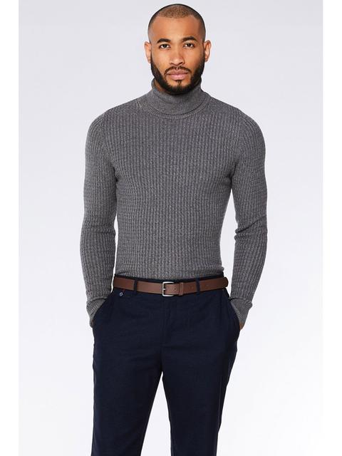 Grey Cable Knit Roll Neck Jumper